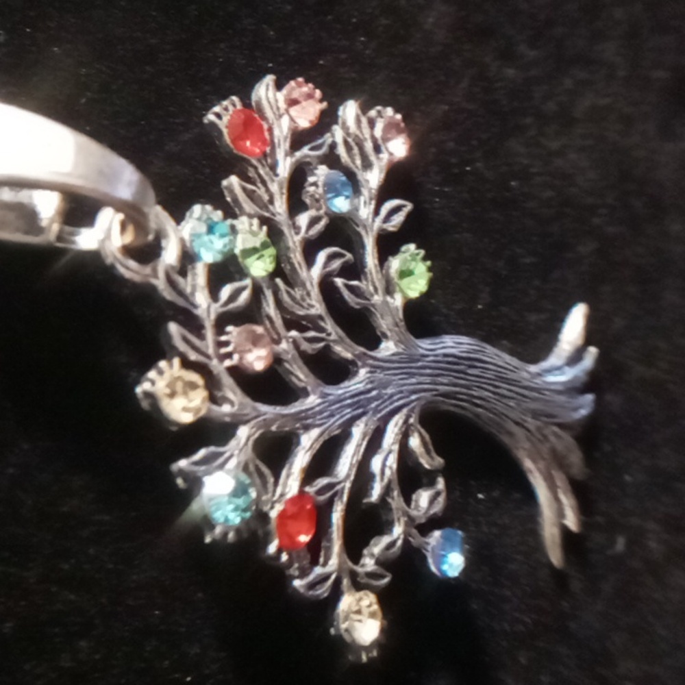 Silver Tree Pendant Necklace with Multicolor Accents 24 In Long